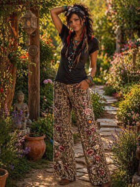 Women’s Leopard Print Boot Cut Jeans with Floral Embroidery - Khaki